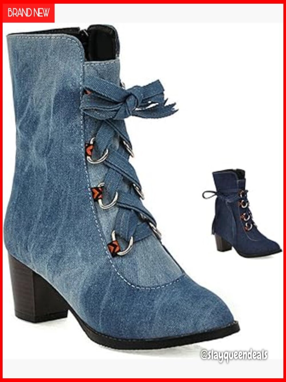 Denim Lace Up Ankle Boots Chunky Heel Side Zipper Winter Dress Booties